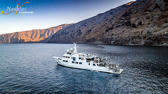 The Nautilus Explorer shark boat off the coast of Isla Gruadalupe, Mexico. Finest shark diving location and luxury accommodations.